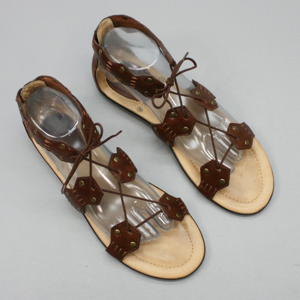 Frye Ladies 9 Laney Lace Brown Leather Open-toe Flat Slingback Gladiator Sandals - Picture 6 of 12